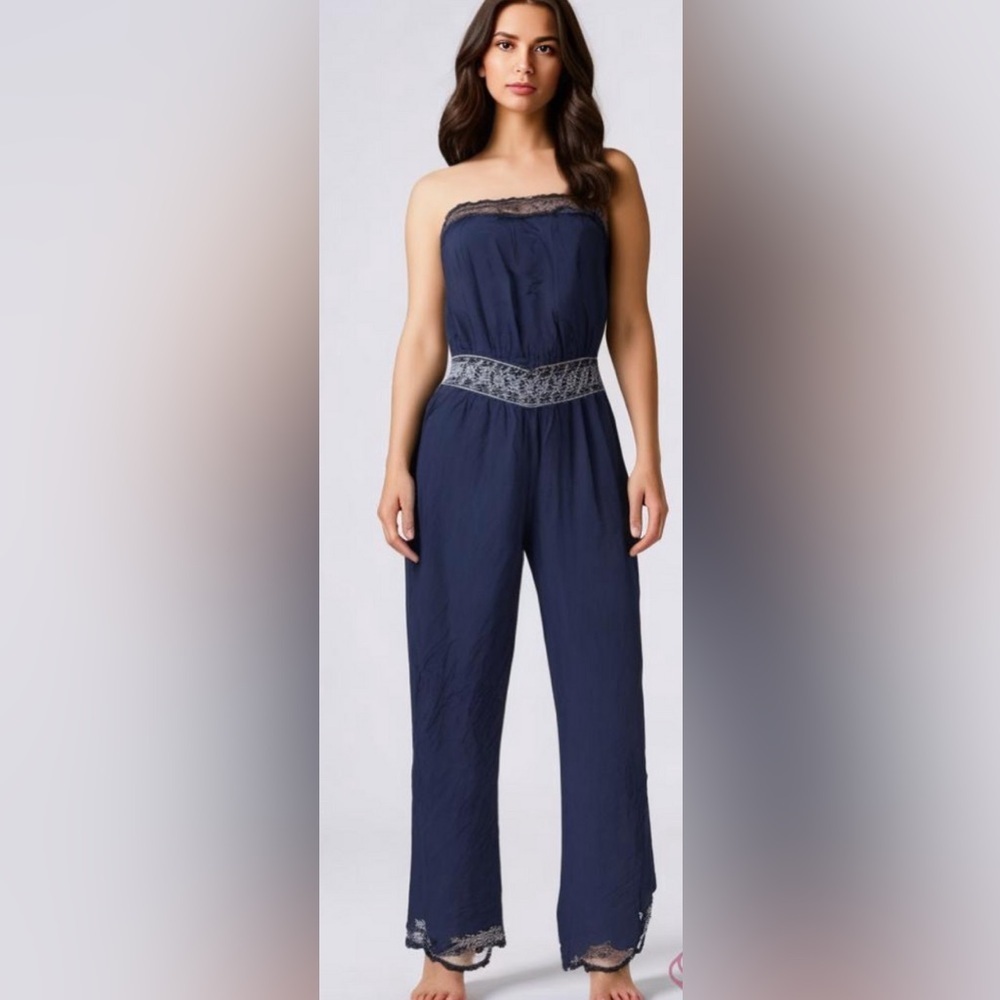 EUC PINKY BLUE JUMPSUIT SLEEVES AND BOTTOM LACE CUT OFF BOTTOM LEG TRIME